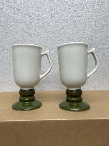 Vintage Hall Footed Pedestal Irish Coffee Mugs #1272 USA Green & White Set Of 2