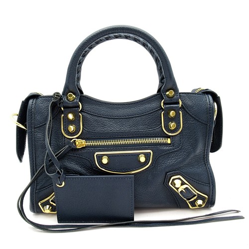 BALENCIAGA Mini City Metallic Edge 390160 leather Handbag Navy USED