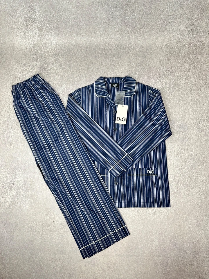 Dolce & Gabbana Junior Niños Pijama Conjunto Azul Rayas 100% Algodón Hecho en Italia Nuevo Foto 2 de 4