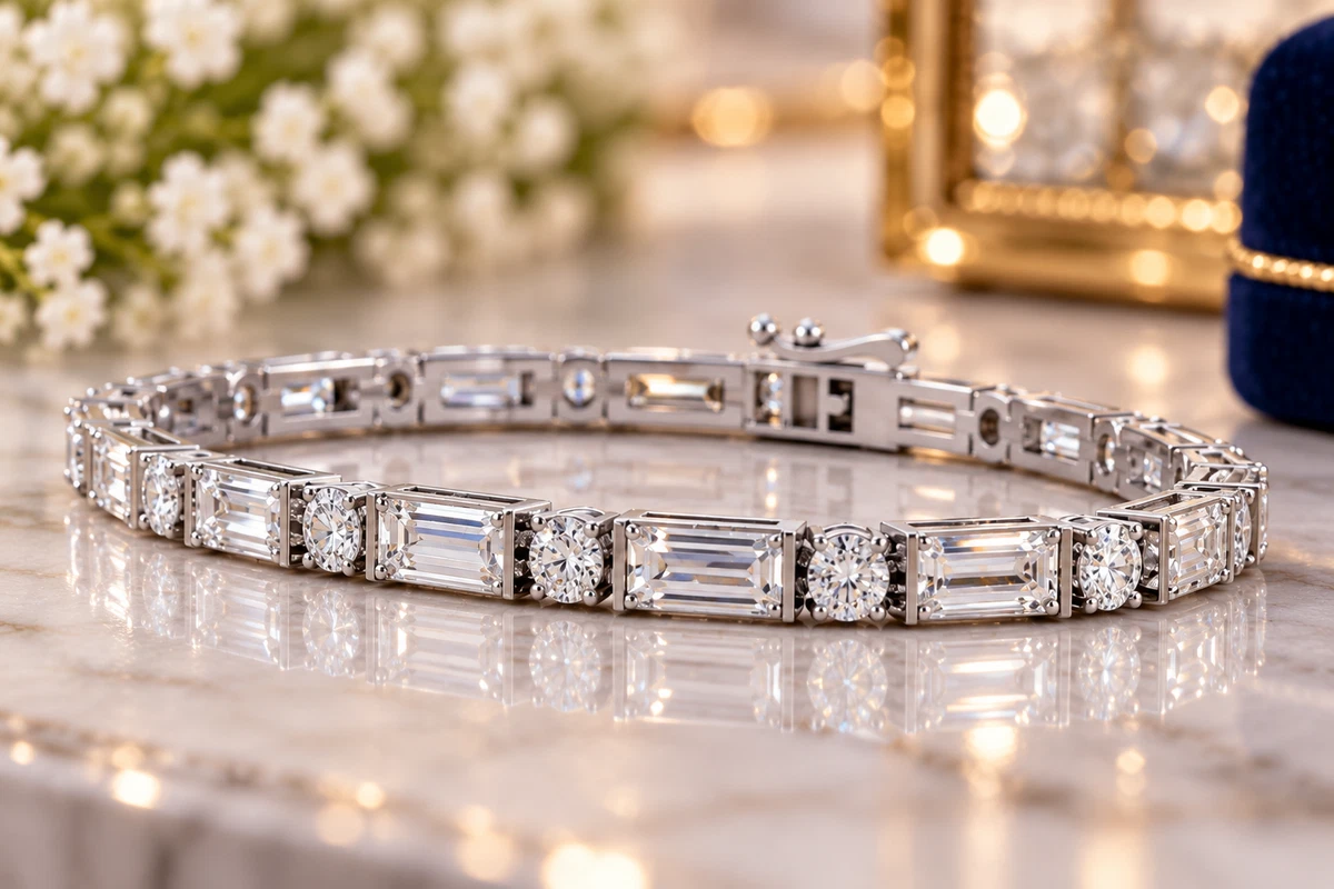Baguette & Round  Diamond Round Cut Wedding Bracelet 10K White Gold 9.00 CT