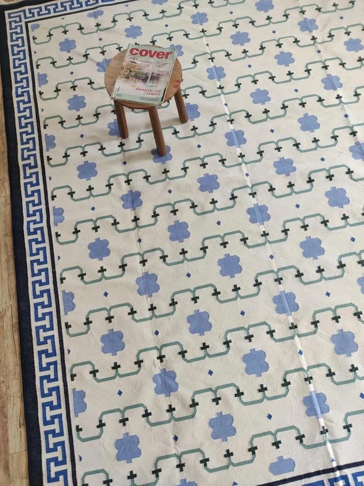 White & Blue Handmade 100% wool Area Boho Floral Rug Vintage Kilim Modern rug - Image 3 of 4