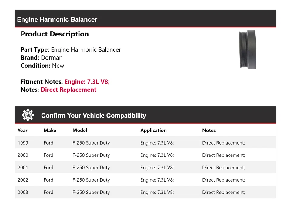 Equilibrador armónico motor Dorman 7,3 L para Ford F-250 Super Duty 1999-2003 Foto 2 de 4
