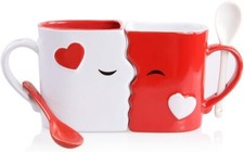 Kissing Mugs Set Two Large Cups Spoons for Him Her on Valentines, Birthday,