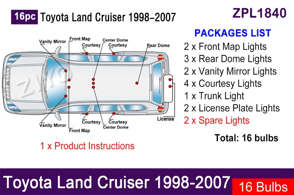 16 Bulbs Interior LED Light Kit for Toyota Land Cruiser 1998-2007 Dome Light - Image 2 of 4