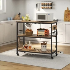 3-Tier Kitchen Island Cart with Power Outlet, Foodpads, Mug Holders, 8 Hooks