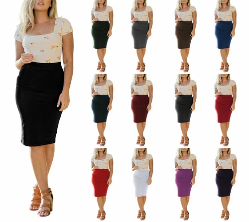 High Waist Stretchy Bodycon Cotton Fitted Midi Knee Length Office Pencil Skirt