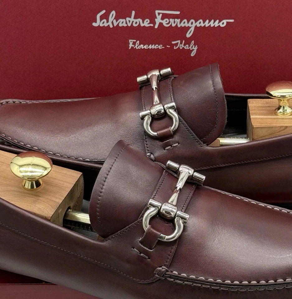 Ferragamo Burgundy Brown Loafers 9.5 Wide Silver Gancini Bit Buckle Drivers - Image 4 of 4