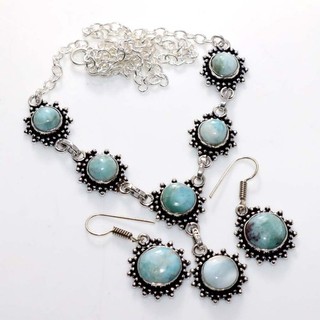 Most Beautiful Round Larimar 925 Silver Plated Necklace Earrings Set 18|1.3" GW