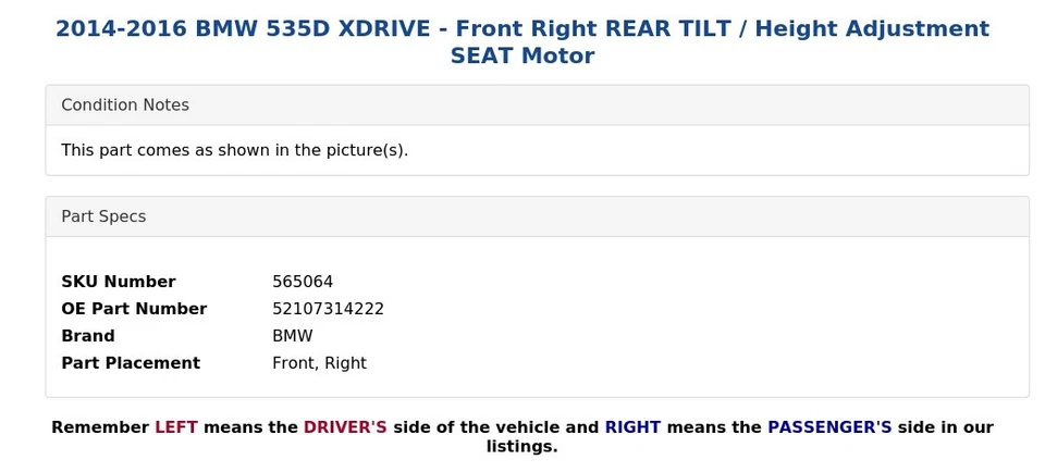 BMW 535D XDRIVE 2014-2016 - Motor asiento delantero derecho inclinación trasera/ajuste de altura Foto 4 de 4