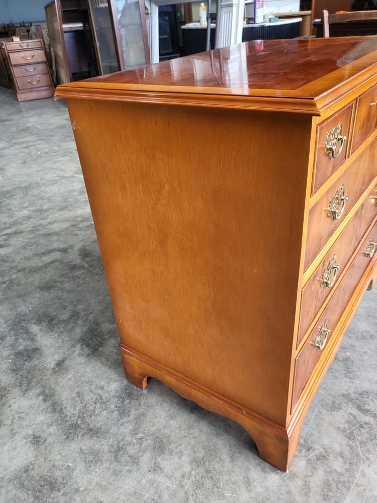 Antique repro Yew small chest of drawers 4 drawers bracket feet brass