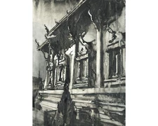 Watercolor painting Chaing Mai temple Thailand B&W monochromatic art (original)