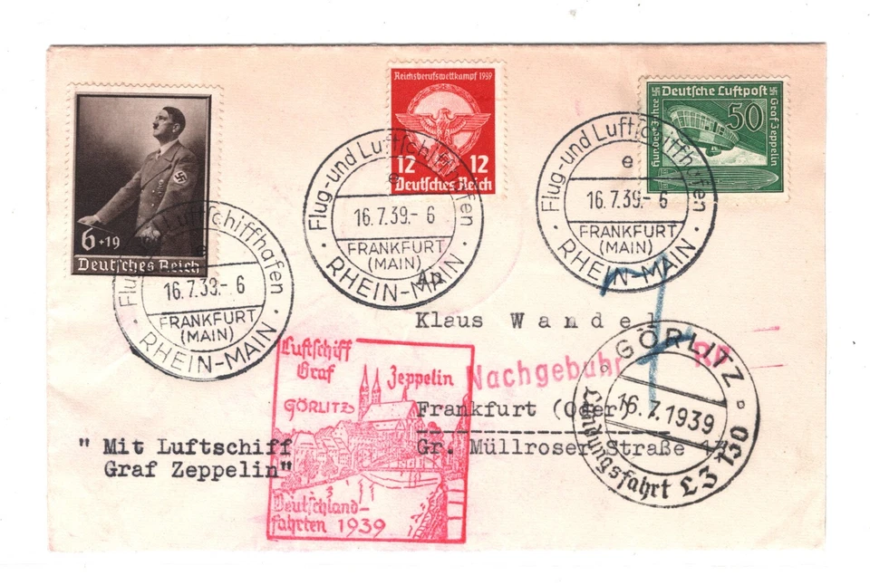 GERMANY Cover ZEPPELIN Air Mail 1939 Cover Frankfurt *Spende* 20pf LABEL MA1519 - Image 2 of 4