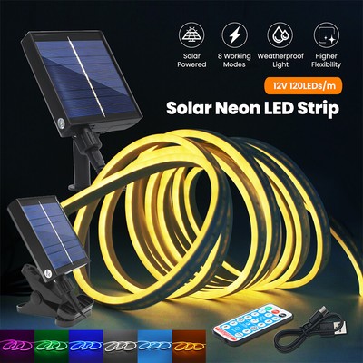 Solar Powered Neon LED Strip Outdoor Rope Lights 2835 120LED/m Garden Waterproof