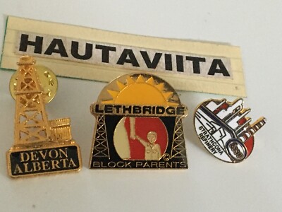 Esso Oil Strathcona Refinery + Devon Alberta Oil Derrick Lethbridge Pin Badges