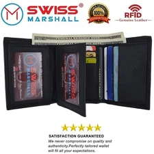 Swiss Marshall Men's RFID Blocking Premium Leather Classic Trifold Wallet