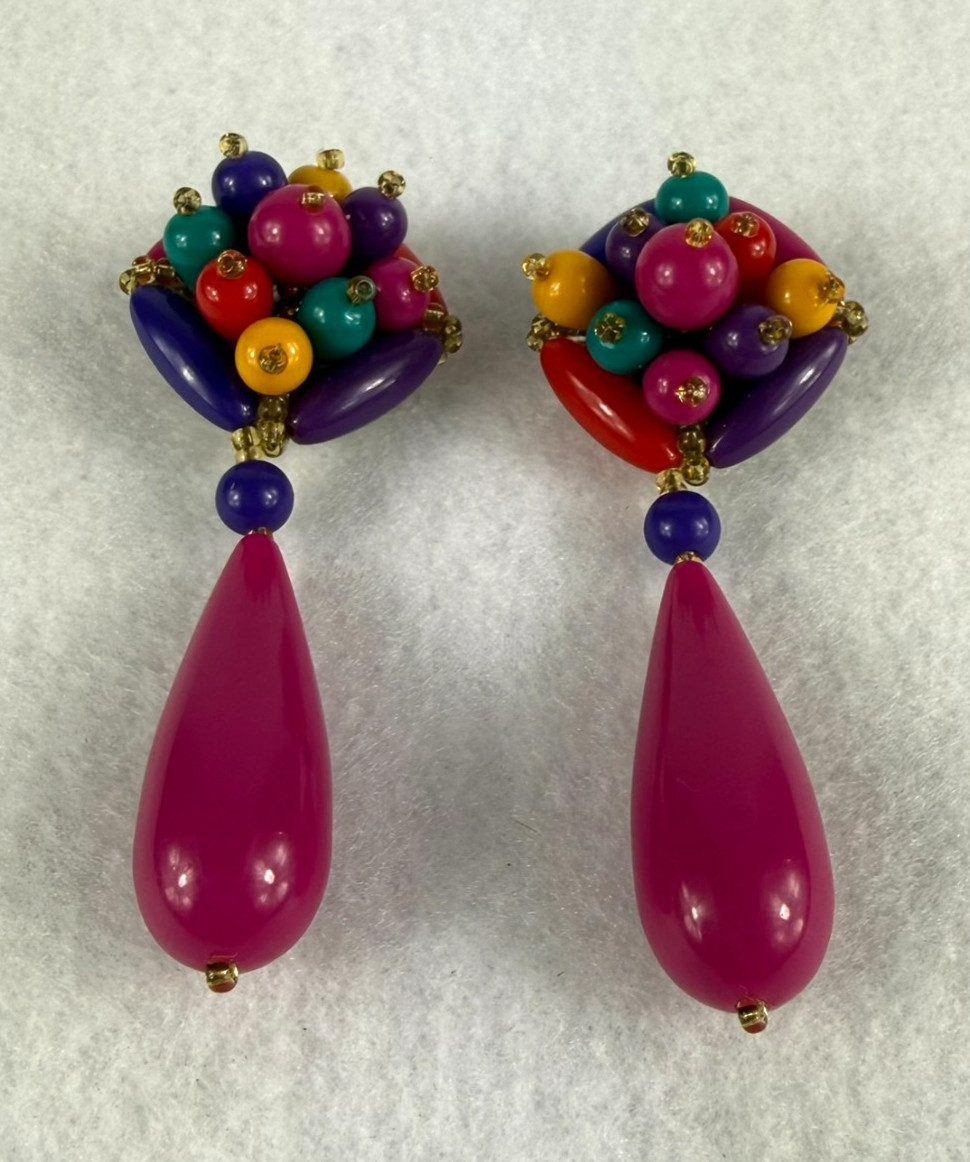 MULTICOLOR BEADED CLUSTER DANGLE EARRINGS Pink Te… - image 3