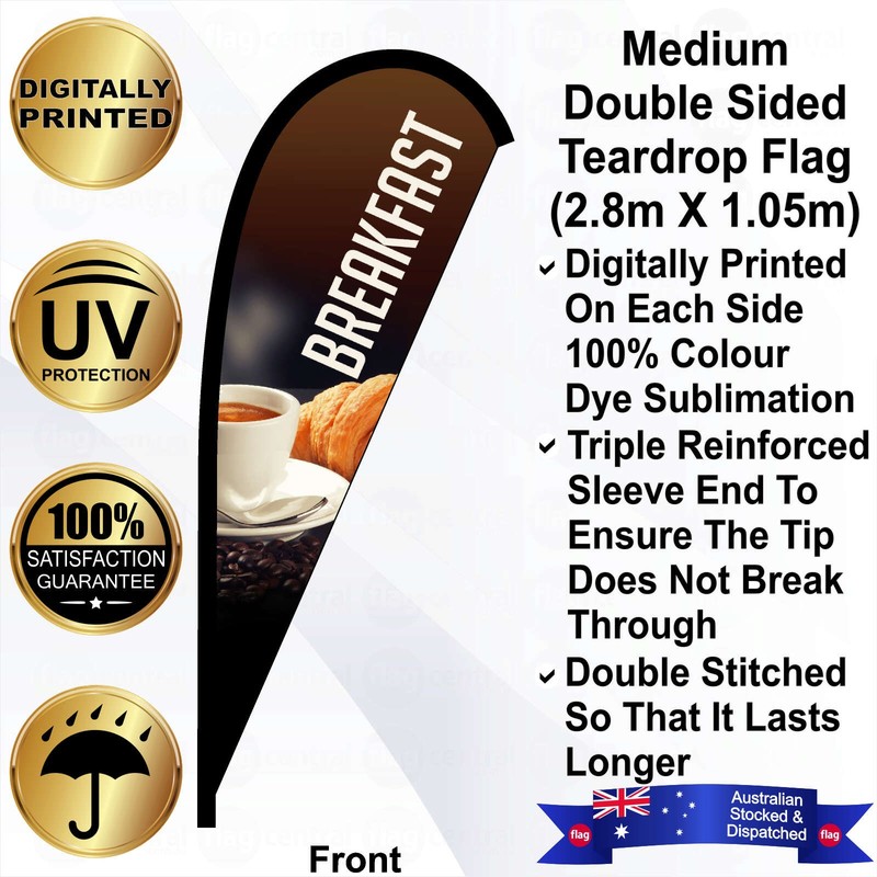 F - BREAKFAST Deluxe Double-Sided Brown 3.5m Teardrop Flag / Banner Kit with Pole Set, Galvanised Steel Ground Spike, Steel Outdoor Cross Base, Free 15kg Water Bag and a Free Carry Bag - 1
