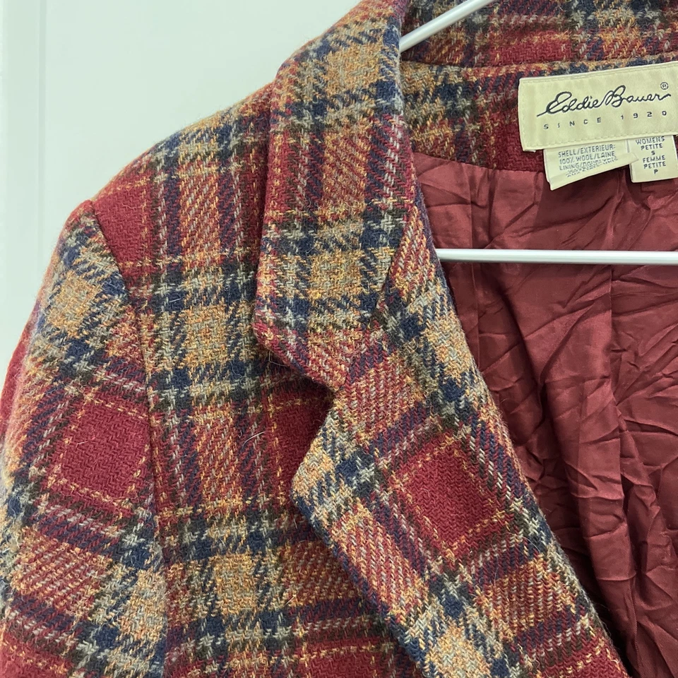 Vtg Eddie Bauer Women Petite Small Brown Red Blue Wool Blazer Plaid - Image 2 of 4