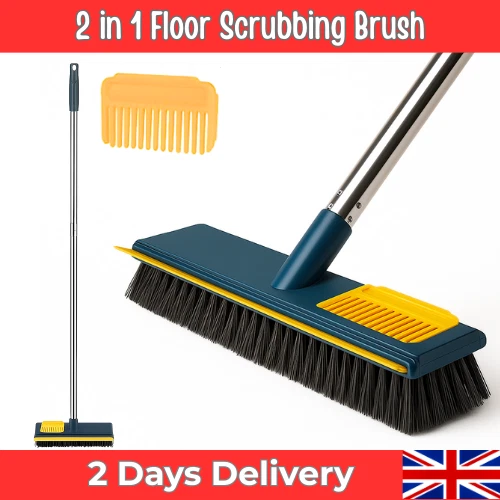 Long Floor Scrubbing Brush Long Handle Pole 2 in 1 Stiff Bristle Brush Squeegee
