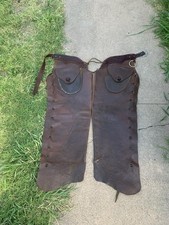 Vintage Batwing Western Brown Leather Chaps Fringe Cowboy with Pockets England