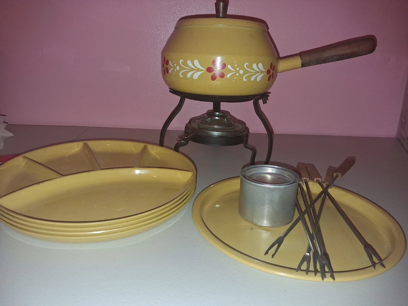 Imperial International Enamel Fondue Set - Harvest Gold Floral - Pot, Stand,...