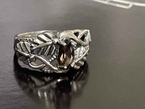 Vintage c 70s Modernist 925 Silver Sz K Ring smoky quartz leaves ornate