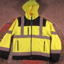 KwikSafety Jacket Mens L Reflective Fleece Lined Softshell Yellow Snap Off Hood