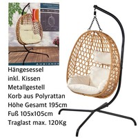 HäNgesessel Mit Gestell Bis 120Kg Braun HäNgestuhl Schaukel HäNgekorb Mit Kissen