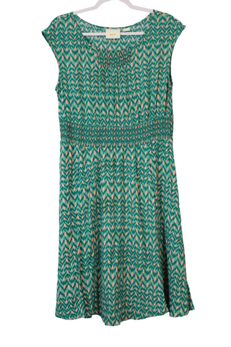 Maeve Anthropologie Evaline Dress Size M Green Pink Smocked Waist A-Line Flowy