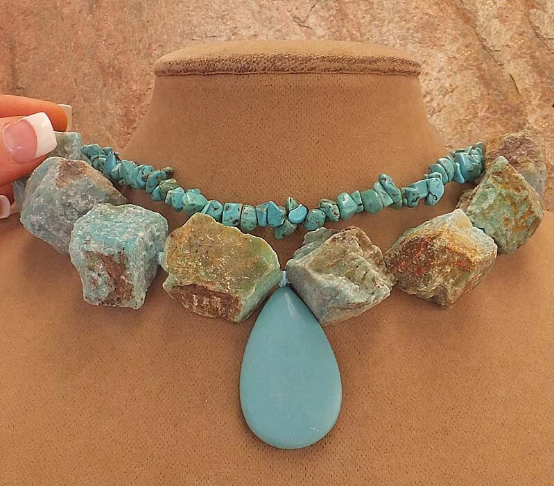 Seafoam Green Blue AMAZONITE STONE ROUGH STATEMENT NECKLACE