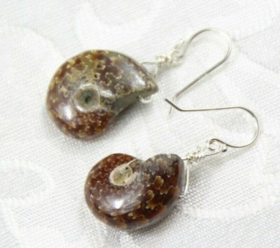 Ammonite Fossil Earrings Snail Gemstone 925 Sterling Silver Wire Wrap 1 1/2''