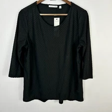 Notations Blouse 1X Black Minimalist Textured Dot Top 3/4 Sleeve Lightweight NWT