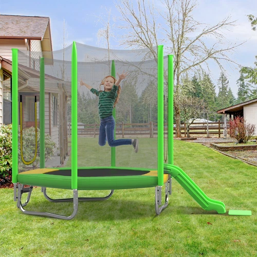 7FT Kids Trampoline w Safety Enclosure Net, Indoor Outdoor Trampoline with Slide - Picture 9 of 14