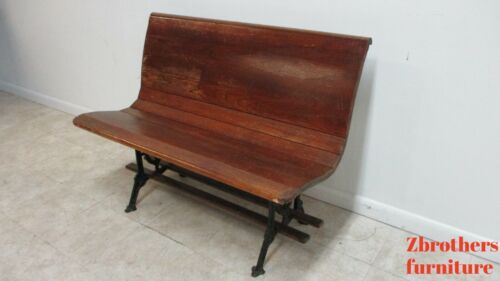 Antique Bench Settee Victorian Cast Iron Oak Church Pew Railroad Gothic 42" D - Picture 3 of 11