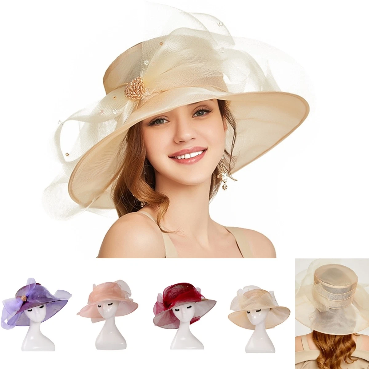 Kentucky Derby Wide Brim Mesh Foldable Hat Women Floral Church Party Formal Cap