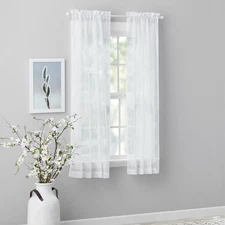 Embroidered Scroll Rod Pocket Sheer Curtain Panel, White, 38" x 63"