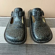 Alegria ALG 533 Black/Blue Mary Jane T-Strap Floral Embossed Clog Size 38 US 8