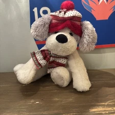 Plush White Christmas Puppy Dog 10” Plaid Hat & Scarf  Soft Hugfun International