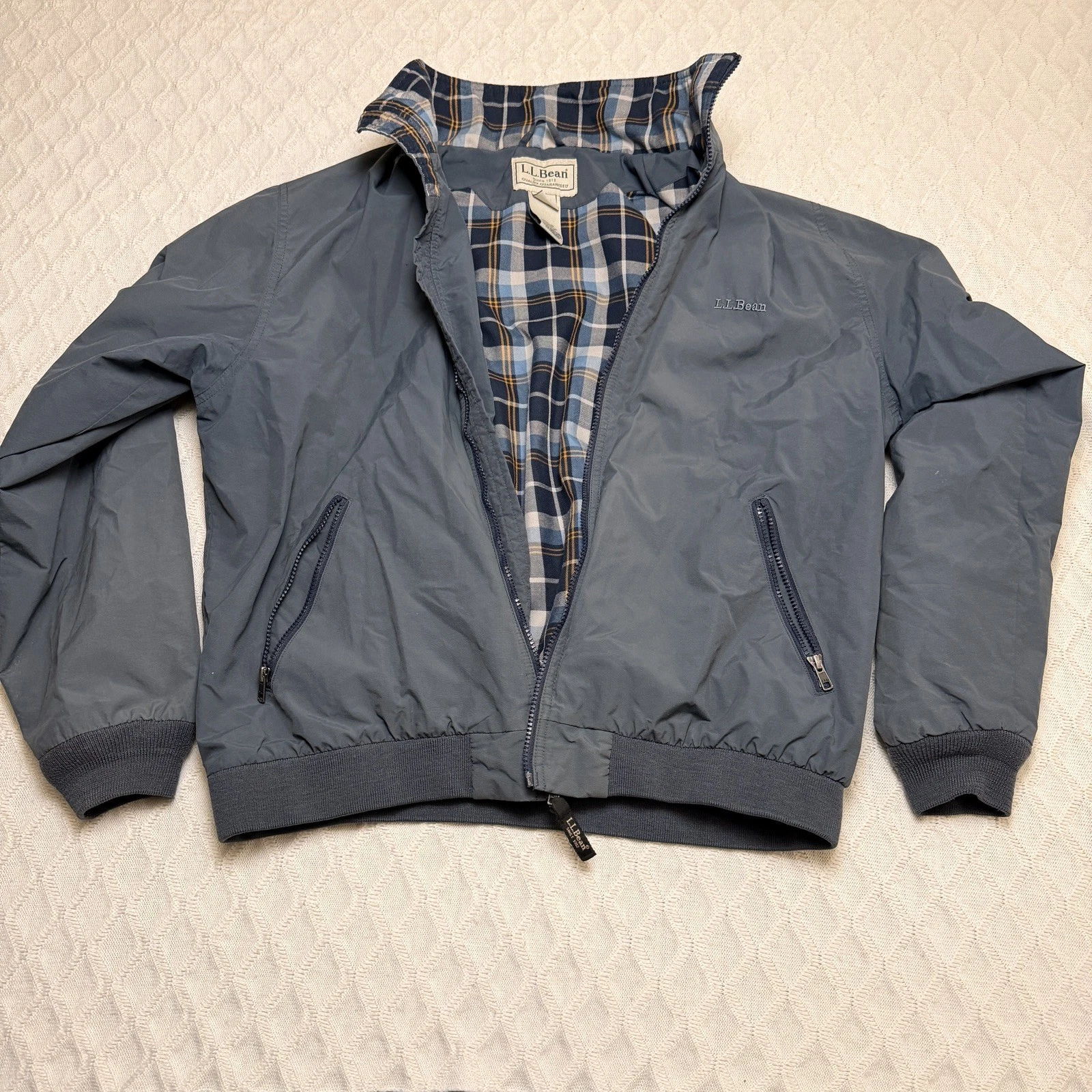 LL Bean Jacket Mens L Blue Plaid Lined Nylon Full Zip Windbreaker Outdoors