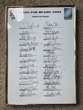 England Rugby 1991 World Cup Squad Autograph Sheet Framed.