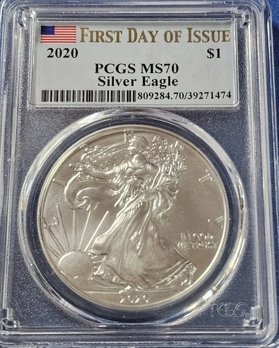 A 2020 SILVER EAGLE PCGS MS70, FIRST DAY OF ISSUE, FDOI FLAG