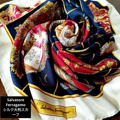 Salvatore Ferragamo Large Silk Scarf Excellent Navy Red Animal Graphic Italy