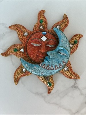 Sun and Moon 3D Mosaic Mirrored Celestial Face Deco Wall Plaque Orange Blue