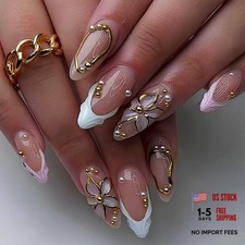 Medium Almond Fake Nails - Embossed French Tips Press on Nails - Nude Pink Gold