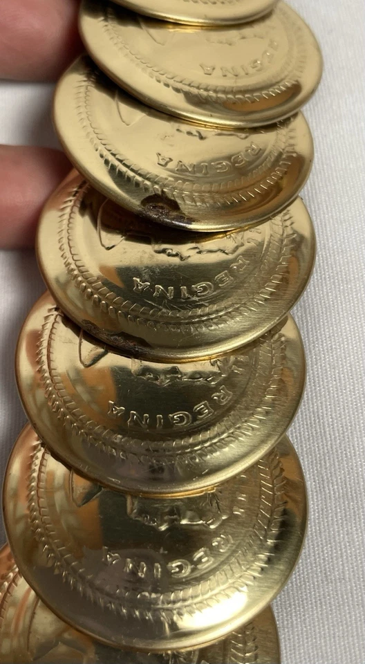 Cinto elástico feminino moeda segmentada vintage tamanho P banhado a ouro gravado rosto de senhora - Imagem 3 de 4