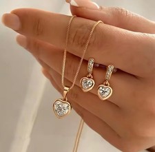 Elegant Gold Tone Heart Necklace Earrings Set Women Evening Fashion Jewelry