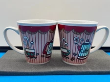 Ceramic Coffee Lovers Mugs 2 pcs. Café Red Stripe Pot Cup & Bean Design