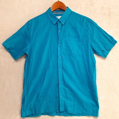 Stone + Stone Mens Short Sleeve Button Shirt Sz.M/Blue/Linen