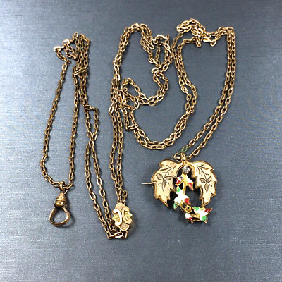 Antique Victorian Pocket Watch Chain Fob Slide Enamel Pin Gold Filled 48'' W&SB