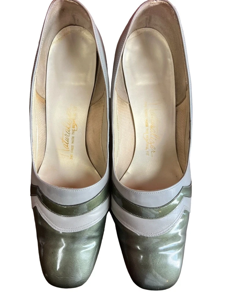 Sz 7 1/2 Vtg 60s Mod Pumps Shoe Green Colorblock Heels Patent Calf Leather 7.5 - Image 3 of 4